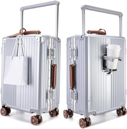feilario 20" Aluminum Frame Wide Handle Hard Shell Carry On Suitcase - Vivid Colors Double Spinner Wheels Airline Approved Rolling Luggage with TSA Lock & Cup Holder (Silver, 20in)