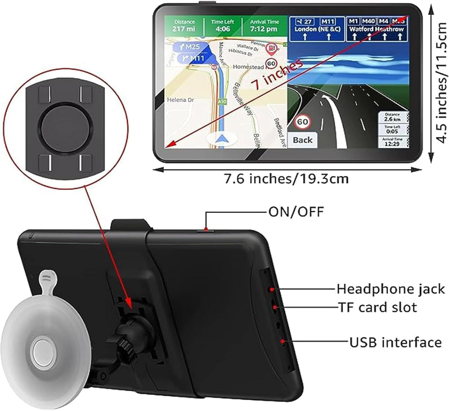 2025 Car GPS Navigator 2.5D Touchscreen 7inch Car GPS, Truck GPS Commercial Drivers,Real Voice prompts Turn Direction， Speed Limit Warning Speed Camera Alert, Lane Guidance Assist, POI