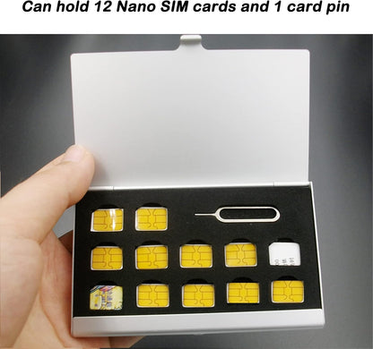 Aluminum SIM Card Case, Universal Waterproof Slim Mini Card Slots Storage Case, Sim Card Travel Case Can Hold 12 Nano SIM Card &1 Cell Phone Eject Pin Slots (Silver) + 1 Card Pin