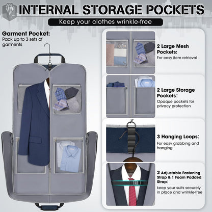 RAINSMORE Garment Bags for Travel Carry On Garment Bag for Hanging Clothes, Suit Bag for Business Trips with Shoes bag & Shoulder Strap, Waterproof Foldable Suit Luggage Bag for Men Women, Blue