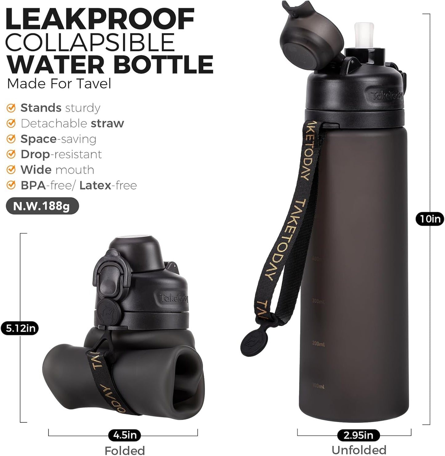 TakeToday Collapsible Water Bottles 20oz, Leak Proof, BPA-Free, Foldable Silicone Travel Water Bottle with Straw Strap for Cycling, Hiking, Outdoors