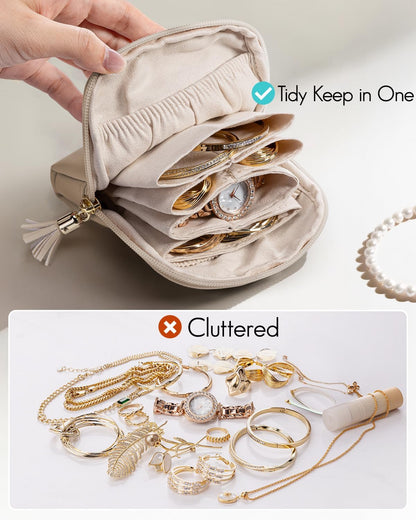 Vlando Small Jewelry Travel Case,Jewelry Pouch Bags with Zipper,Velvet Jewelry Organizer Storage Bag for Bracelet Rings Earring Travel Essentials Gifts for Women Girl-Toffee