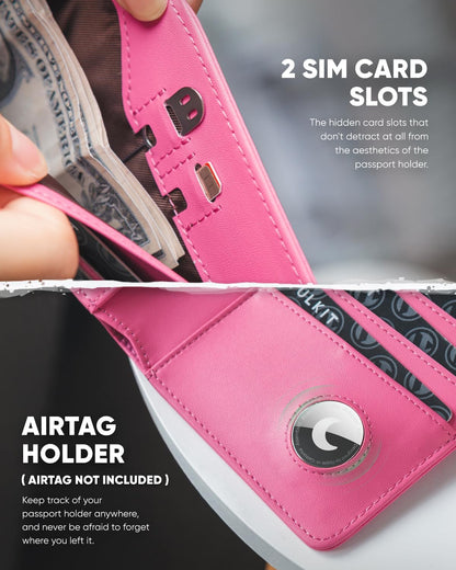 VULKIT Passport Holder with Airtag Holder RFID Blocking Passport Wallet Travel Leather Passport for Women(Rose)
