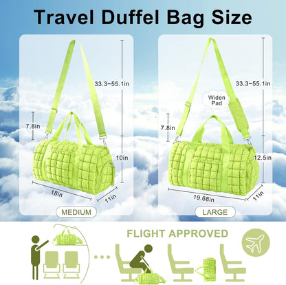 Quilted Travel Duffle Bag Gym Bag for Women,Large Puffer Duffle Weekender Bag with Compartment,Workout Overnight Carry on Organizer Bag Duffle Bag for Airplane Travel(L-Green)