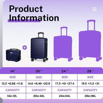 AnyZip Suitcase, 20" Carry On Luggage 14" Mini Cosmetic Cases Luggage Sets Hardside PC ABS Lightweight USB Suitcase with Wheels TSA for kids (2-Piece Set (14/20),DarkBlue)