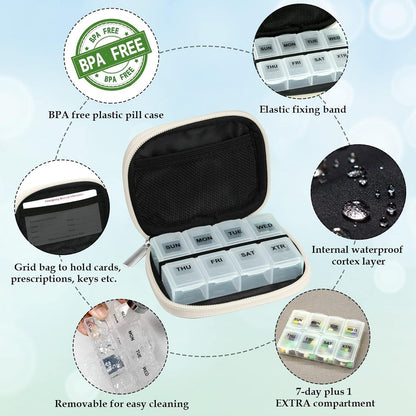 Serfeymi Weekly Travel Pill Organizer Case for Purse with Removable 7 Day Pill Box, Fashionable Pill Container for Medicine, Vitamin, Supplement - Bloom 01