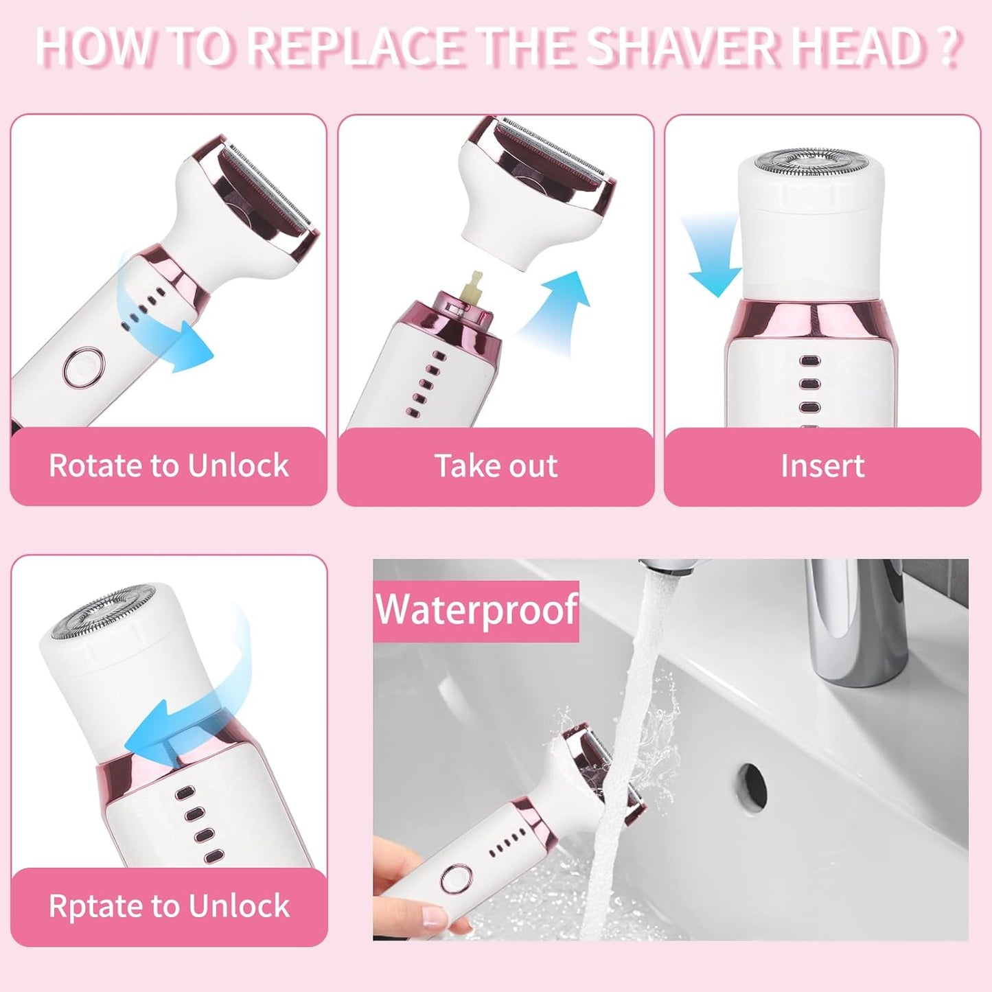 Electric Razors LED Display for Women Men, 2025 Wet/Dry Lady Shaver,4 in 1 Cordless Hair Remover with IPX7 Waterproof,Smooth & Silky Portable Bikini Electric Grooming Set (Pink & White)