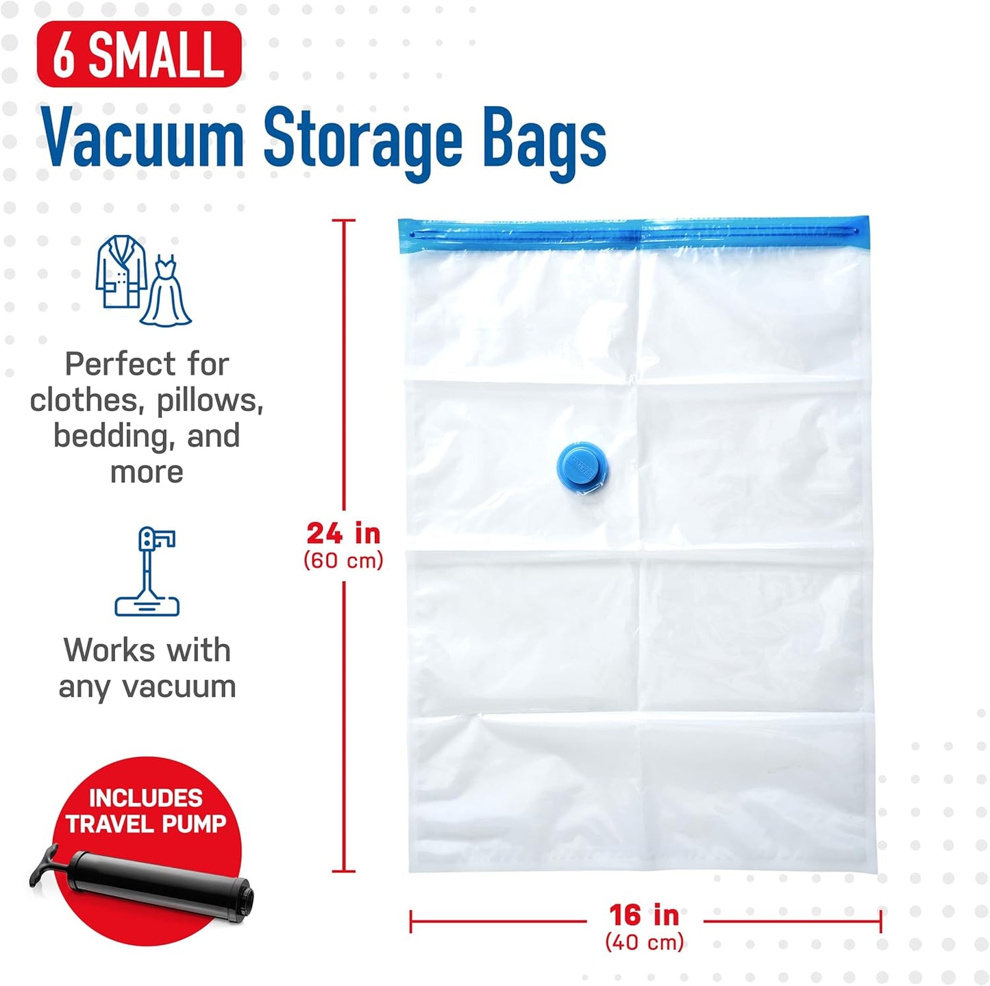 6 Pack Small Vacuum Storage Bags for Comforters, Blankets & Clothes – Vacuum Sealed Compression Bags with Hand Pump – Space Saver Storage Bags for Bedding, Moving, Travel & Organization