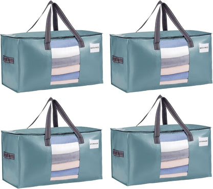 VENO 4 Pack Moving Bags, Comforter and Blanket Storage Bags for Closet, Moving Boxes, Boxes with Lids Alternative, College Dorm Packing Supplies, Foldable Heavy-Duty Tote (Shiny Light Blue, 4 Pack)