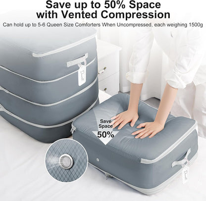 Comforter Storage Bag - 130L Large Capacity Blanket Storage Bags 4-Layer Ultra Space Saving Self Compression Organizer, Washable Compression Bags for Storage Comforter Blanket, 4-Pack, Grey