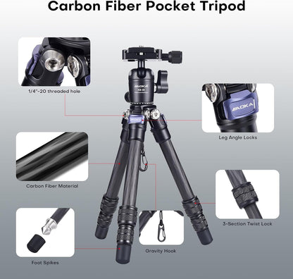 AOKA 15.75in/0.99lb Mini Carbon Fiber Tripod, Compact Pocket Travel Tabletop Tripod Stand for Phone, SLR, Digital Camera,Projector, Webcam, with Metal Phone Mount & Extended Center Shaft Rod