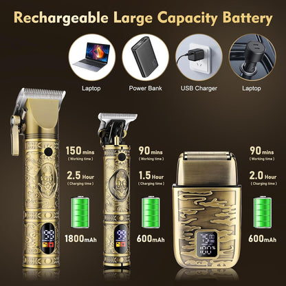 Professional Hair Clippers for Men,Hair Clippers+T-Blade Trimmer+Electric Shaver+Nose Hair Trimmer Set,4 in 1 Cordless Barber Hair Cutting Kit LCD Display Gifts (Gold)