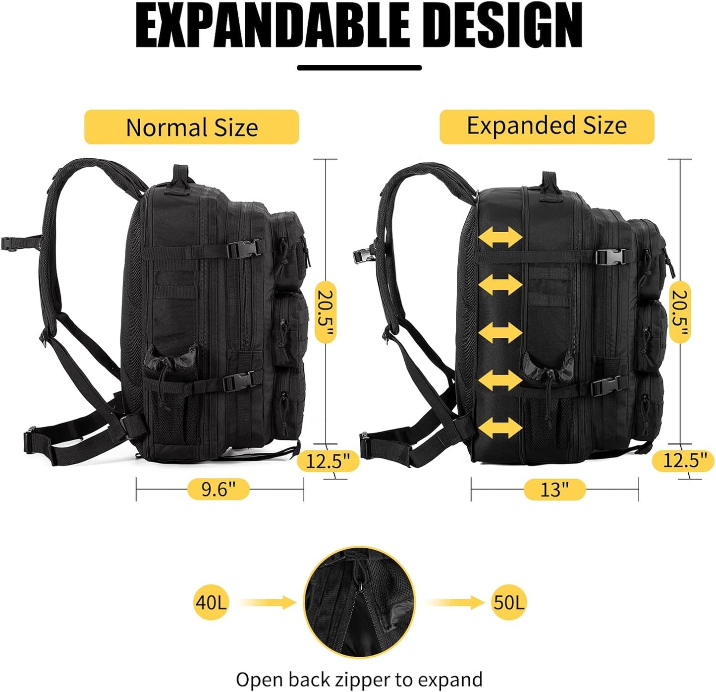 Tactical Backpack for Men, 40/50L Expandable Military Backpack, Waterproof MOLLE Hiking & Camping Rucksack, Assault Pack & Bug Out Bag for Outdoor, Work Backpack