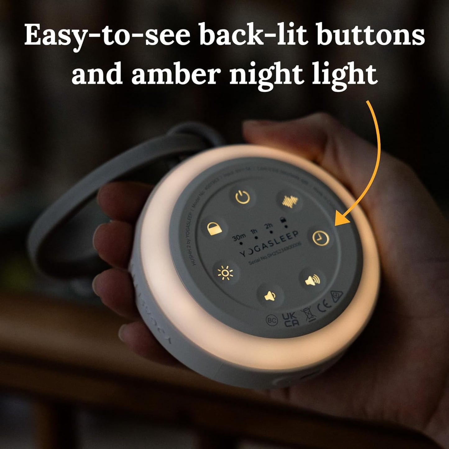 Yogasleep Hushh 2 Portable Sound Machine (Grey) for Baby and Kids, Backlit Buttons & Night Light, Durable, 6 Soothing Natural Sounds, Easy to Use Timer, Volume Control & Toddler Lock, Noise Canceling