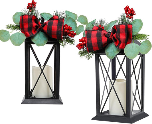 Christmas Outdoor Decor Lanterns 2 Pack, 11" Waterproof Battery Powered LED Hanging Lanterns with Flamessless Candle for Tabletop, Front Porch, Entrance, Indoor, Gift for Women