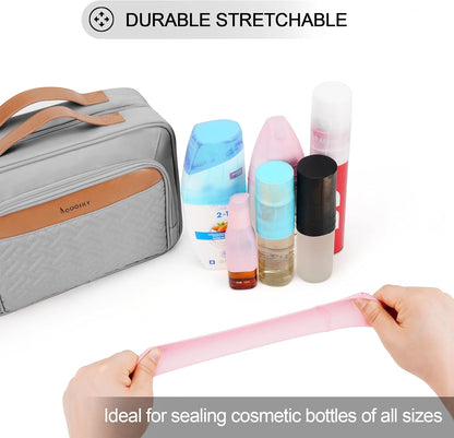 Travel Hanging Toiletry Bag for Women, Large Makeup Bag 8 Leak Proofing Silicone Bottle Covers, Waterproof Cosmetic Bag with Jewelry Organizer Compartment, Toiletries Kit Set, Grey