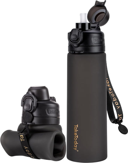 TakeToday Collapsible Water Bottles 20oz, Leak Proof, BPA-Free, Foldable Silicone Travel Water Bottle with Straw Strap for Cycling, Hiking, Outdoors