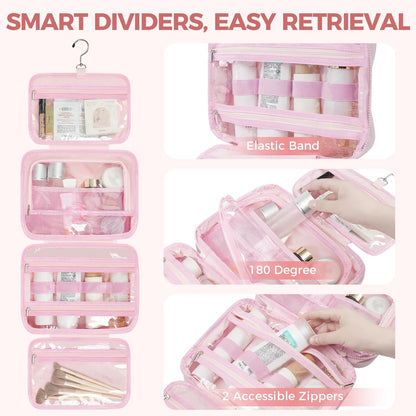 Toiletry Bag For women,Portable Hanging Organizer,4 Leakproof Compartment for full-sized Conditioner, Brushes Set, Makeup Accessories,Visible and easy to access.M-pink