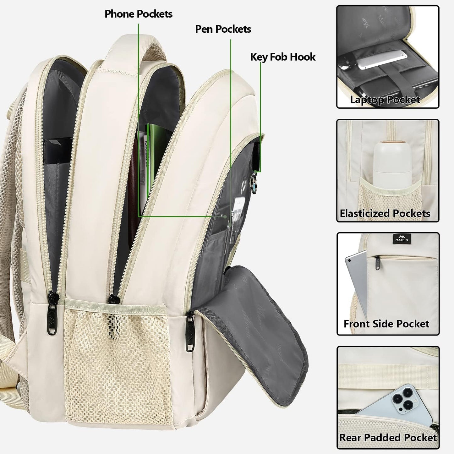 MATEIN Beige Laptop Backpack 15.6 Inch, Lightweight Sturdy Bag for College Supplies with USB Charging Port, Water Resistant Anti Theft Travel Computer Daypack Fashion Work Nurse Bag Gift for Women
