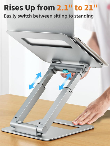 tounee Laptop Stand for Desk Adjustable Height, Telescopic Computer Stand with Pull Out Design Ergonomic Laptop Riser Fits All Laptops 10-17"-Silver