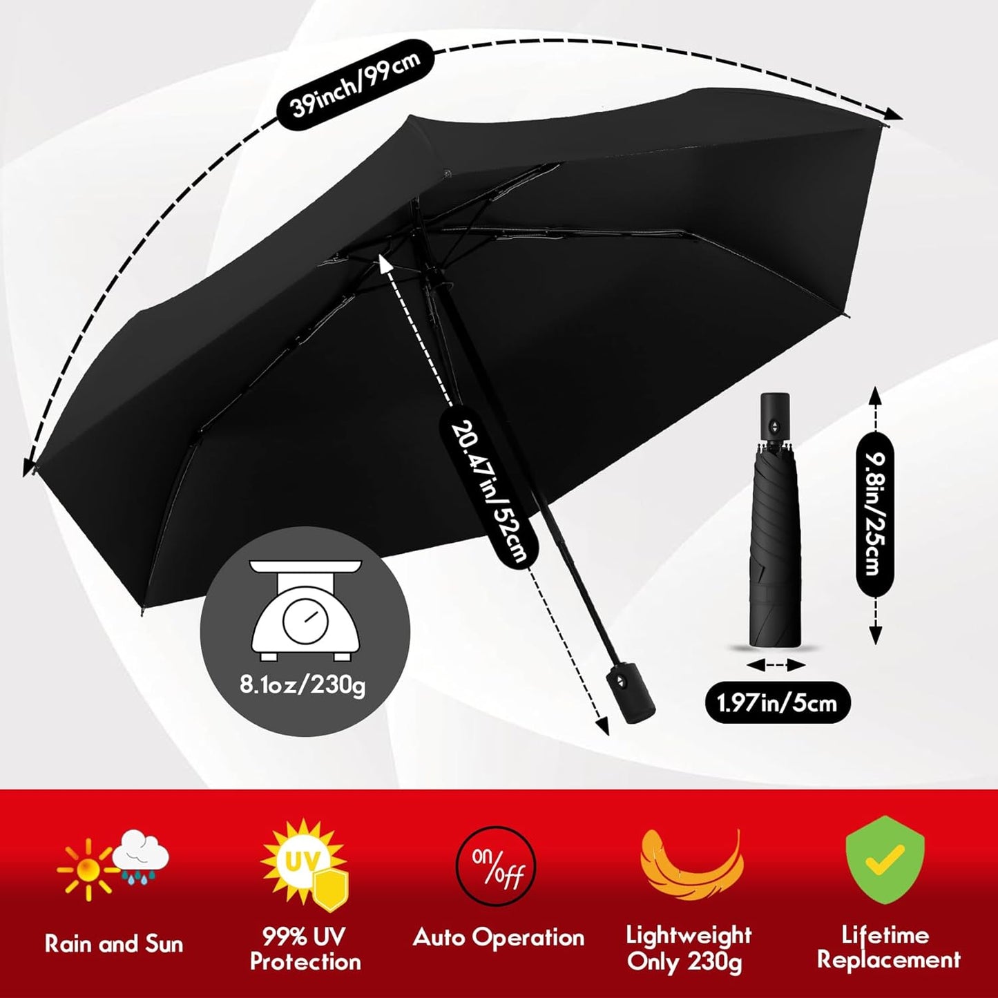 Auto Open Close Umbrella - Ultra Light Compact Travel & Backpack Size for Women and Men, UPF 50+ Eco-Friendly Sun Protection & Windproof Rain Umbrella with UV Defense