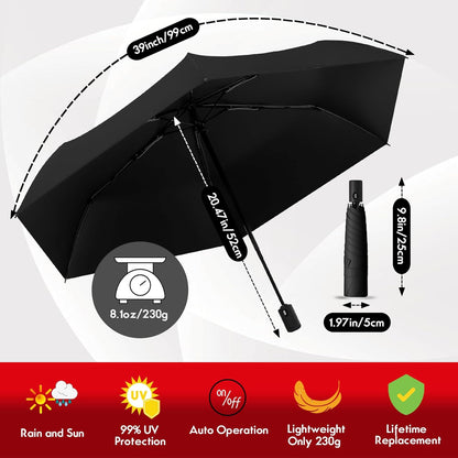 Auto Open Close Umbrella - Ultra Light Compact Travel & Backpack Size for Women and Men, UPF 50+ Eco-Friendly Sun Protection & Windproof Rain Umbrella with UV Defense