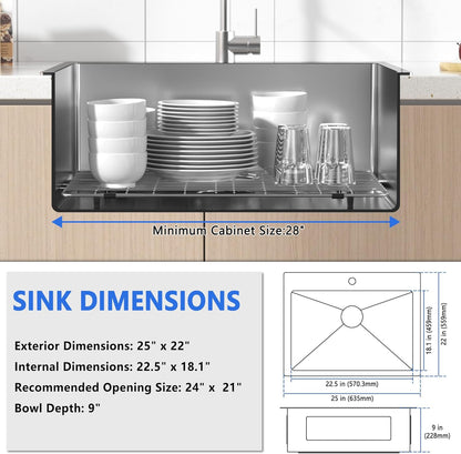 25x22 Inch Drop In Kitchen Sink, 25 Inch Kitchen Sink Top Mount 18 Gauge 304 Stainless Steel Single Bowl KitchenSink With Grid Handmade Topmount KitchenSink Drop In