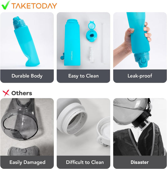 TakeToday Collapsible Water Bottles 32oz, Foldable Travel Water Bottle, BPA Free, Silicone Water Bottle Leakproof for Hiking, International Travel, Outdoors
