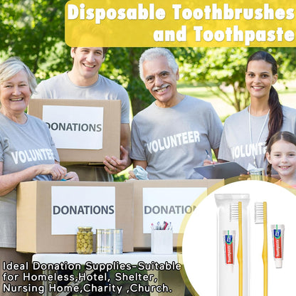 HOFASON Disposable Toothbrushes Pack of 50, Yellow Hollow Travel Toothbrush Set with Individually Wrapped Toothpaste for Homeless, Nursing Home, Shelter, Hotel