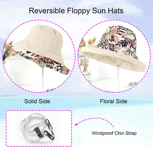 Women Wide Brim Sun Hats Metal Wired Edge Summer UV Protection Beach Fishing Hat for Hiking Garden Travel Chin Strap