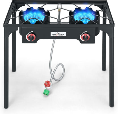 High Pressure Double Propane Burner Outdoor Camping Stove with 0-20 PSI Adjustable Regulator and Steel Braided Hose (Two Burner Stove)