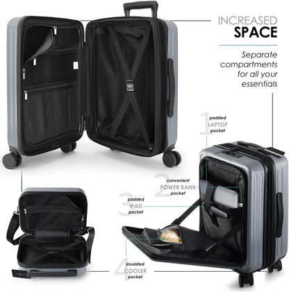 22 Inch Carry On Luggage 22x14x9 Airline Approved, Carry On Suitcase with Wheels, Hard-shell Carry-on Luggage, Durable Luggage Carry-On, Grey Small Suitcase with Cosmetic Case