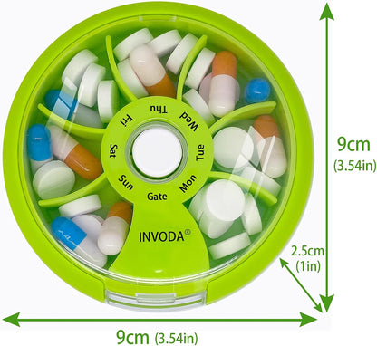 INVODA Weekly Pill Organizer 7 Compartment Rotating Pill Box for Daily Medication & Vitamins - Portable Travel Pill Case Fish Oil Supplements Vitamins Organizer (Green+Blue)