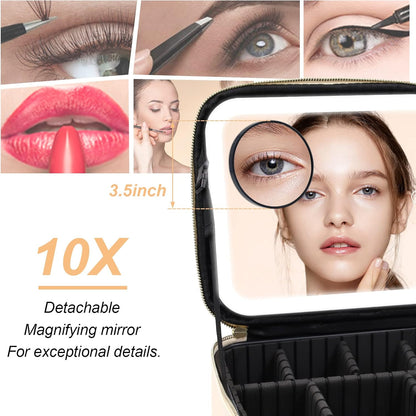 Portable Travel Makeup Bag with Lighted Mirror, 3 Color Brightness, Beige