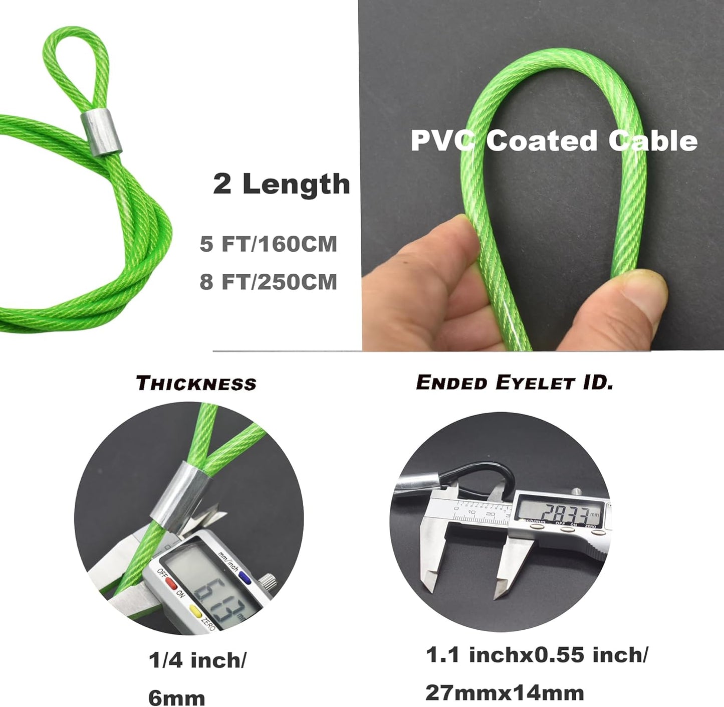5FT 6mm Stainless Steel Security Cable Lock,Braided Steel Vinyl Coated Safety Cable Luggage Lock,Flexible Steel Cable Security Wire Rope Double Loop,Green