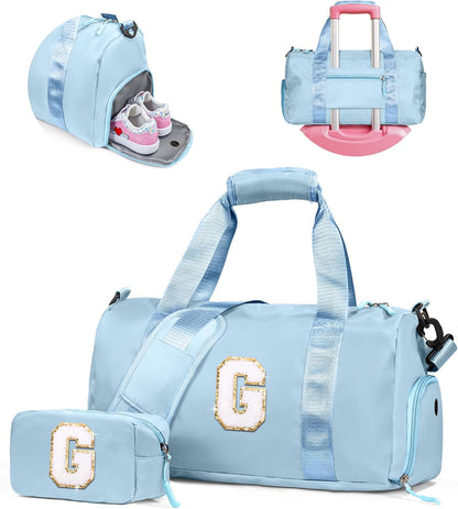 Gifts for 4 5 6 7 8 9 10 Year Old Girls-Girl Gym Bag with Shoe Compartment, Kid Personalized Weekender Overnight Bags, Initial Travel Tote with Makeup Pouch, Gift for Daughter (Letter G)