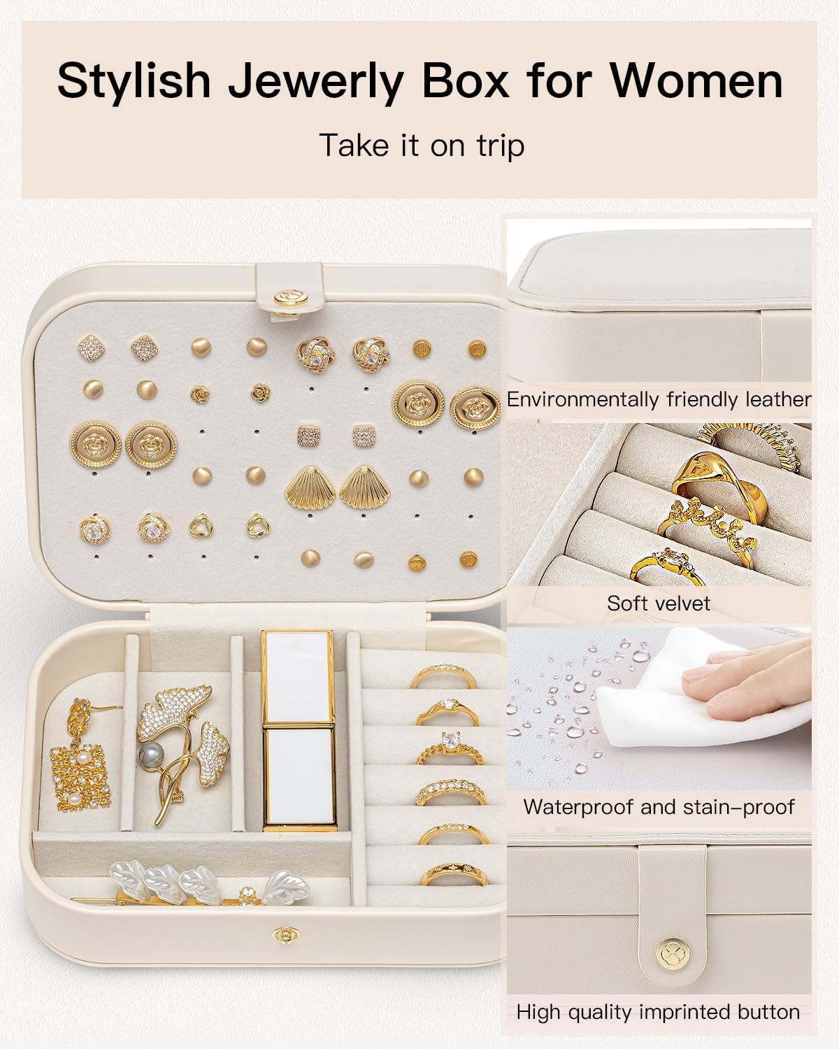 Vlando Travel Jewelry Case for Women Girls Mothers, PU Leather Small Mini Jewelry Box for Rings, Necklaces, Bracelets, Earring Holder Organizer Storage for Travel Accessories, Bridesmaid Gifts - Beige