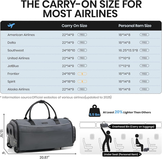 Fanwoli 3-in-1 Rolling Garment Bag for Travel, Wheeled Carry-On Luggage with Shoe Storage & Detachable Organizer, Wrinkle-Free Compartment for Suits/Dresses/Wedding Gowns, Fits Most Airline Size