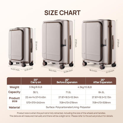 NINETYGO Carry On Luggage 22x14x9 Airline Approved, 20 Inch Suitcase with Front Compartment & Cup Holder, Coffee-Infused PC Hard Shell, Eco-Friendly, TSA Lock, 360° Spinner Wheels (Latte)