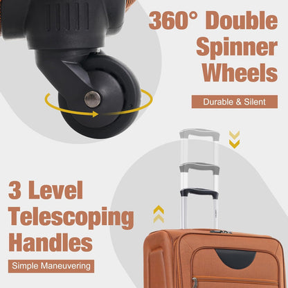 Merax Softside Luggage Set Softshell Lightweight 3 Piece Spinner Suitcase 22" 26" 30" Orange