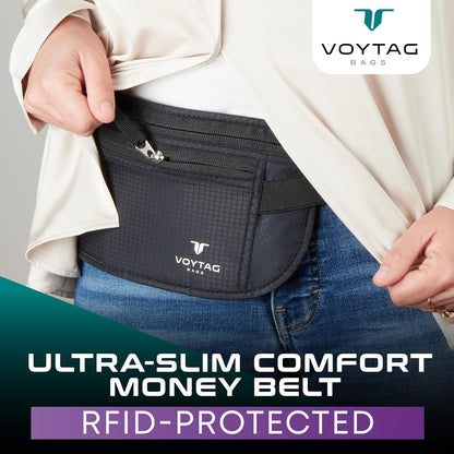Travel Money Belt & Passport Holder - RFID Blocking Slim Travel Wallet & Fanny Pack for Men and Women - Essential Travel Pouch for Cash, Credit Cards, and Documents (Grey)