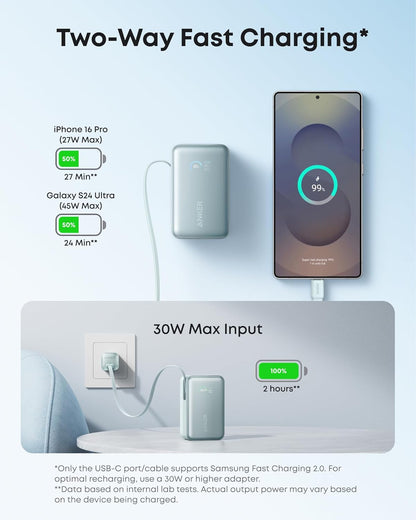 Anker Nano Power Bank, 10,000mAh Portable Charger with 2.3 ft InstaCord Retractable Cable, 45W Max Compact Battery Pack, Smart Display, for iPhone 16/17 Series, iPad, Galaxy, Pixel, and More