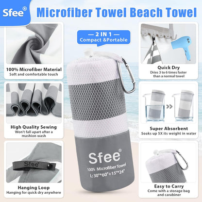 Sfee 2 in 1 Microfiber Oversized Beach Towel, Quick Dry Towel Travel Towel Camping Towel Super Absorbent Compact Lightweight Sports Gym Towels for Beach,Gym, Hiking, Pool, Backpacking, Bath, Yoga