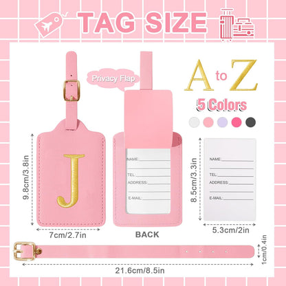 Personalized Initial Luggage Tags for Suitcase, Pink Leather Cute Luggage Tags with Privacy Cover Name Card, Embroidered Custom Monogrammed Luggage Tag Travel Bag Baggage Tags Gifts for Women Kids(J)