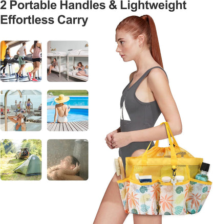 F-color Mesh Shower Caddy Portable with Drawstring - Upgrade Deeper 7 Pockets Dorm Room Essentials for Guys Girls with S Hook, Shower Bag Basket Tote for College Camping Bathroom, Yellow Beach
