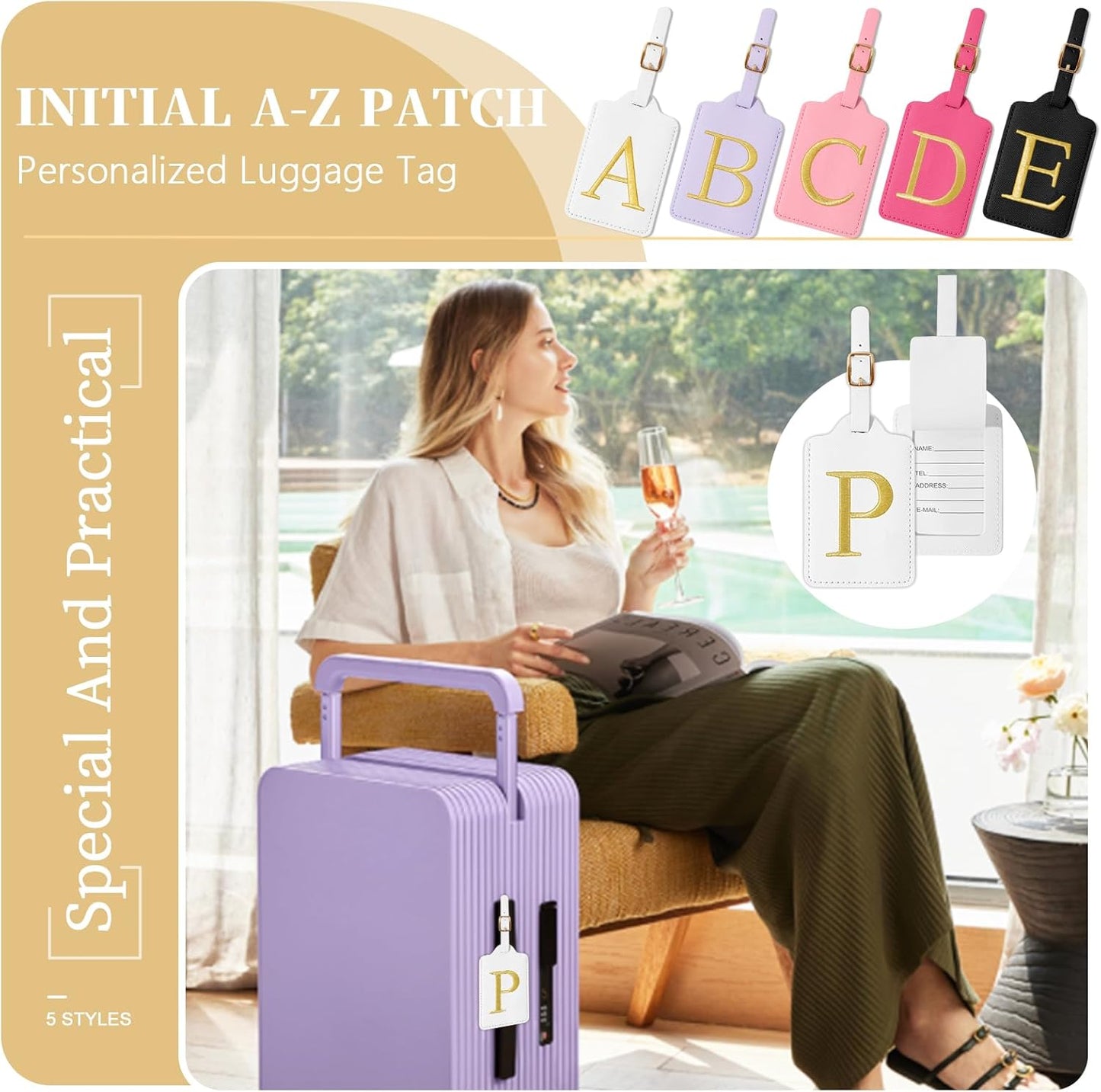 Personalized Initial Luggage Tags for Suitcase TSA Approved, White Leather Cute Luggage Tag with Privacy Cover Name Card, Embroidered Custom Luggage Tags Travel Baggage Tags Gifts for Women Kids(P)