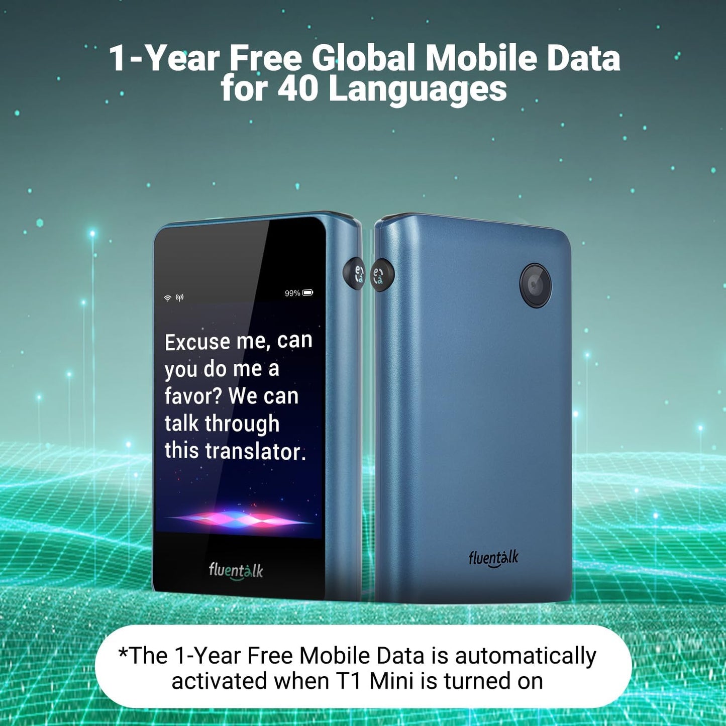 Timekettle, Fluentalk T1 Mini Translator Device No WiFi Needed, Built in 1-Year Global Mobile Data, Supports 40 Languages and Photo Translation, Instant Language Translator for Travelling Blue
