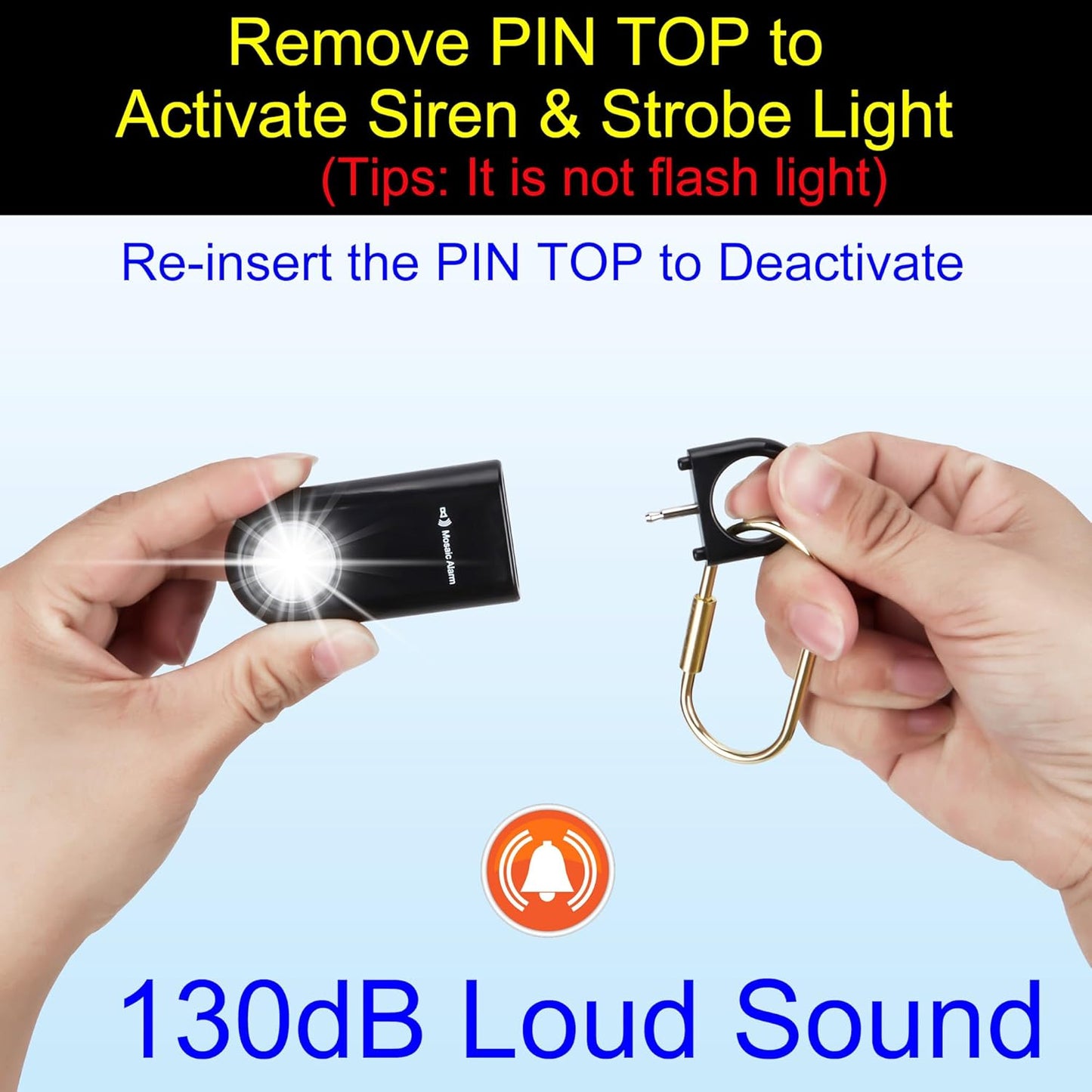 130dB Personal Safety Alarm Strobe Light. Loud Sound Keychain Siren with Carabiner for Women, School Children, Night Runners, Hiking. Bear Alarm Deterrent. SOS Emergency Self Defense Alerts. Black