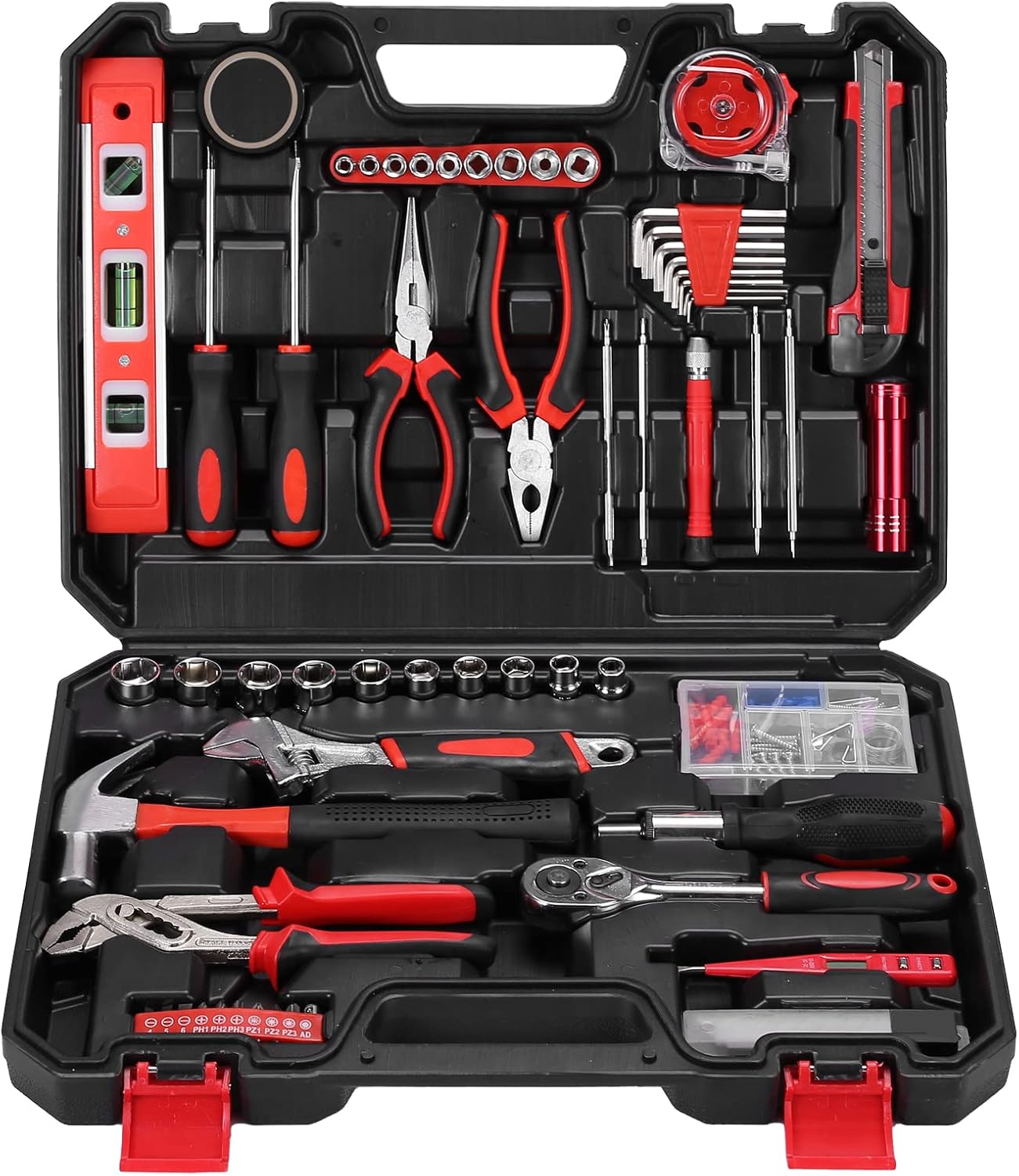 Yougfin 120 Piece Tool Set General Household Hand Kit with Plastic Toolbox Storage Case Red & Black