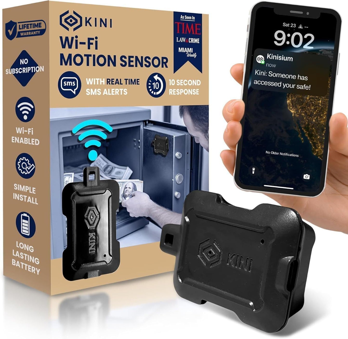 Kini SafeAlert WiFi Motion Sensor Alarm | Real-Time SMS Notification | Wireless Motion Detector for Safes, Cabinets, Home, Apartments, Office | Easy Install, No Subscription, Rechargeable Battery